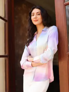 FableStreet Women Classic Fit Spread Collar Dyed Satin Casual Shirt