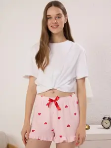 Trendyol Pack Of 2 Heart Printed Ruffled & Ribbon Bow Detail Lounge Shorts