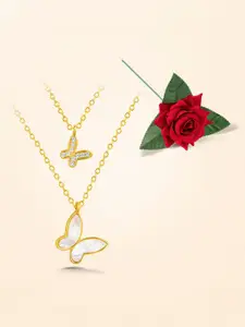 Peora Gold-Plated Cubic Zirconia Studded Butterfly Layered Necklace