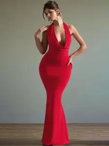 CLAFOUTIS Women Cowl Neck Crepe Bodycon Maxi Dress