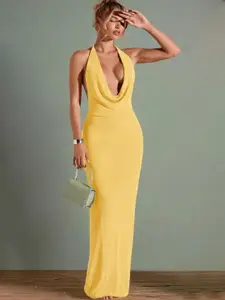 CLAFOUTIS Women Cowl Neck Crepe Bodycon Maxi Dress