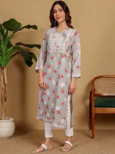 Chowkhat Floral Embroidered Chikankari V-Neck Mul Cotton Straight Kurta