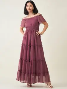 aayu Women Off-Shoulder Layered Chiffon Fit-Flare Dress