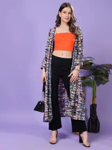 Moda Rapido Abstract Printed Long Sleeves Open Front Georgette Longline Shrug