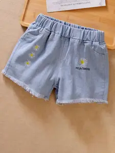 YK Girls Floral Printed Above Knee Denim Shorts