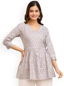 DMP FASHION Floral Printed V-Neck Pure Cotton Angrakha Peplum A-Line Kurti