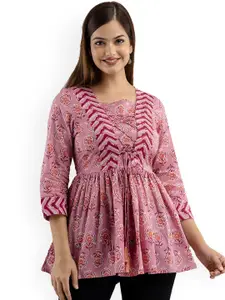 DMP FASHION Floral Printed Pure Cotton Square Neck Peplum Kurti