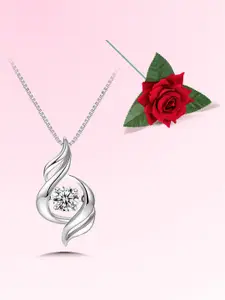 Peora Silver Plated American Diamond Studded Pendant Chain with Red Rose