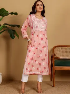 Chowkhat Floral Embroidered Chikankari V-Neck Mul Cotton Straight Kurta