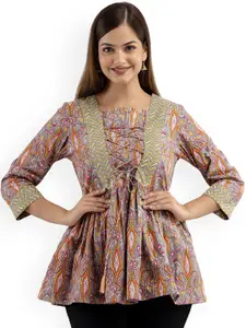 DMP FASHION Paisley Printed Pure Cotton Square Neck Peplum Kurti