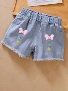 YK Girls Washed Embroidered Cotton Denim Shorts