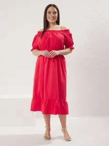 Trendyol Solid Off-Shoulder Puff Sleeve Fit & Flare Midi Dress