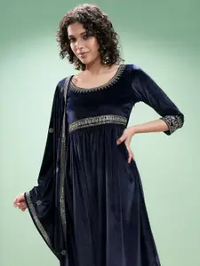 Vishudh Velvet Embroidered Maxi Dress With Dupatta