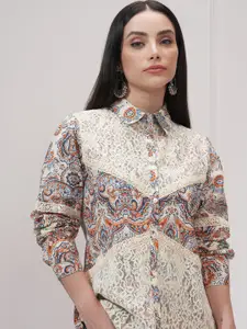 Vishudh Women Comfort Fit Spread Collar Ethnic Motifs Printed Cotton Casual Shirt