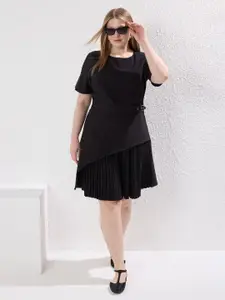Trendyol Solid Black Round Neck Accordion Pleats Fit & Flare Dress