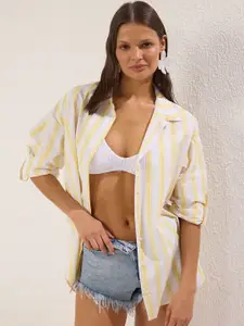 Trendyol Women Oversized Fit Spread Collar Vertical Striped Cotton Casual Shirt