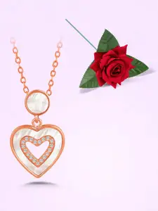 Peora Rose Gold-Plated CZ Heart Shaped Pendant Chain With Red Rose