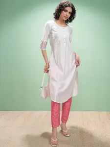 Vishudh Floral Embroidered Round Neck Thread Work Straight Kurta