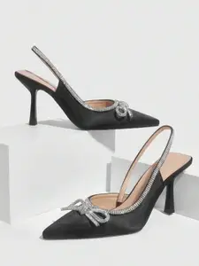 PURPLEHUNT Embellished PU Slim Heeled Pumps with Bows