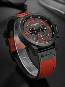 Curren Men Brass Dial & Leather Straps Analogue Watch CR-8314-Black Red