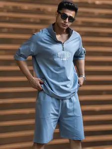 Maniac Printed Mock Collar Pure Cotton T-Shirt With Shorts