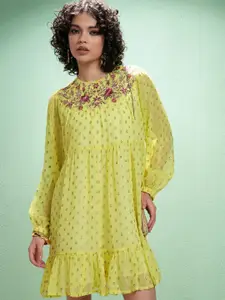 Vishudh Women Embroidered Round Neck Puff Sleeves Tiered A-Line Dress