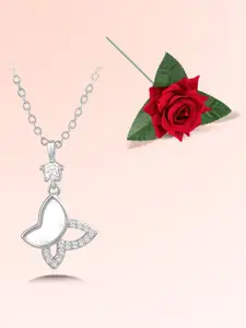 Peora Silver-Plated CZ Studded Butterfly Shaped Pendant Chain With Red Rose