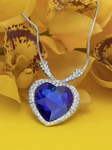 Peora Silver-Plated Heart Shaped Crystal Studded Pendant With Red Rose