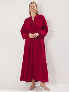 Trendyol Mandarin Collar Bishop Sleeve Tiered Shirt Maxi Dress