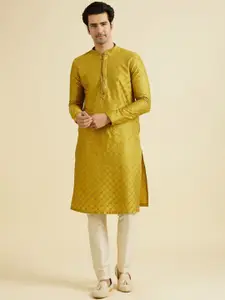 Manyavar Floral Embroidered Mandarin Collar Thread Work Straight Kurta With Pyjama