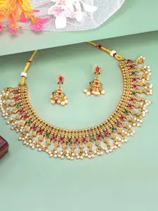 PRIVIU Gold-Plated Artificial Stones Studded And Beaded Necklace And Earrings