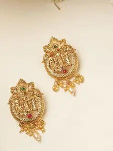 MANSIYAORANGE Gold-Plated Stones Studded & Pearls Beaded Ram Darbbar Classic Temple Studs