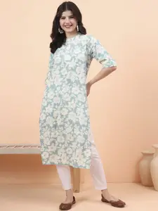 ARAVALII Floral Printed Mandarin Collar Straight Kurta