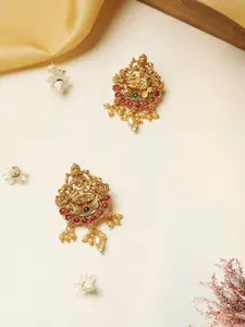 MANSIYAORANGE Gold-Plated Stones Studded & Pearls Beaded  Maa Lakshmi Classic Temple Studs