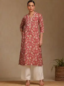 Soch Floral Printed Thread Work V-Neck Straight Kurta