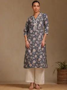 Soch Floral Printed Thread Work V-Neck Straight Kurta