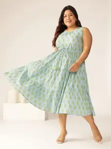 Janasya Women Plus Size Light Blue Pure Cotton Ethnic Motifs Printed Tiered Dress