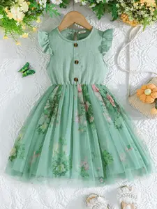 INCLUD Kids-Girls Floral Print Flutter Sleeve Fit & Flare Dress