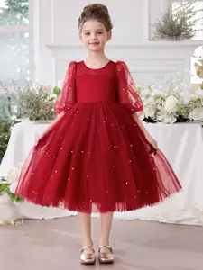 INCLUD Girls Puff Sleeves Fit & Flare Dress