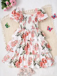 INCLUD Girls Floral Printed Smocked Fit & Flare Knee Length Dress
