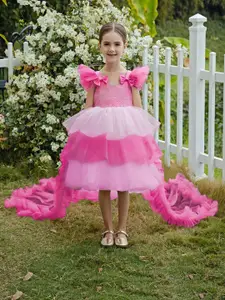 INCLUD Girls Self Design Flutter Sleeve Fit & Flare Layered Dress