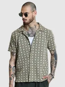 Snitch Men Relaxed Regular Fit Cuban Collar Geometric Printed Casual Shirt