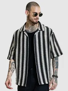 Snitch Men Relaxed Oversized Fit Cuban Collar Chevron Printed Cotton Casual Shirt