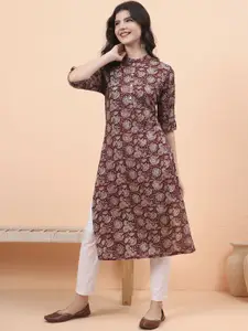 ARAVALII Floral Printed Mandarin Collar Cotton Straight Kurta