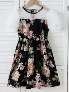 INCLUD Girls Floral Printed Puff Sleeve Fit & Flare Dress
