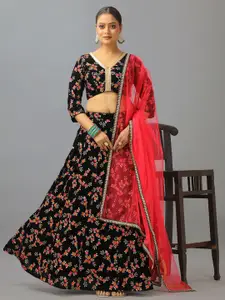 Ethnovog Floral Printed Velvet Semi-Stitched Lehenga & Unstitched Blouse With Dupatta