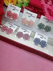 DIVASTRI Set Of 6 Gold-Plated Artificial Stones Studded Floral Shaped Studs