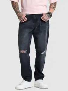 Snitch Men Charcoal Grey Distressed Baggy Fit Jeans