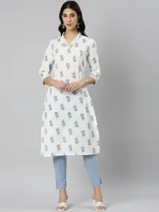 Neerus Floral Printed V-Neck Sequinned Cotton Straight Kurta