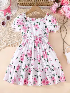 INCLUD Girls Square Neck Floral Print Puff Sleeve Fit & Flare Dress